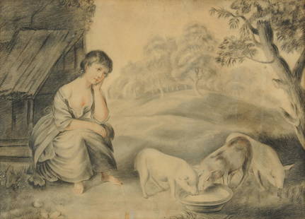 after GEORGE MORLAND (English 1763-1804) A DRAWING,: after GEORGE MORLAND (English 1763-1804) A DRAWING, "The Little Pig Girl," charcoal on paper, laid down. 14" x 9 1/4"