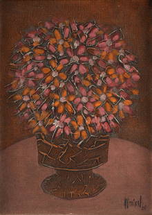 BRUCE MONICAL (American/Texas 20th Century) A PAINTING,: BRUCE MONICAL (American/Texas 20th Century) A PAINTING, "Orange and Pink Floral Still Life," 1966, acrylic on canvas, signed and dated L/R, verso printed and inscribed paper gallery label. 14 1/4" x