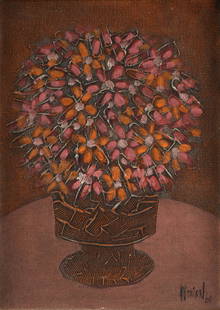 BRUCE MONICAL (American/Texas 20th Century) A PAINTING,: BRUCE MONICAL (American/Texas 20th Century) A PAINTING, "Orange and Pink Floral Still Life," 1966, acrylic on canvas, signed and dated L/R, verso printed and inscribed paper gallery label. 14 1/4" x 1