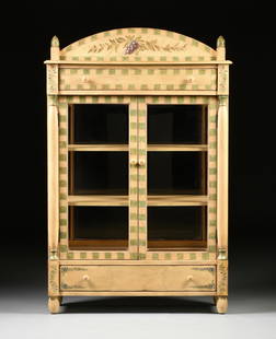 A PROVINCIAL STYLE PAINTED WOOD AND BEVELED GLASS: A PROVINCIAL STYLE PAINTED WOOD AND BEVELED GLASS DISPLAY CABINET, BY PULASKI FURNITURE CORPORATION, MODERN, en suite with the Provincial style breakfast table and chairs set, the arched cornice