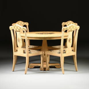 A FIVE PIECE PROVINCIAL STYLE PAINTED WOOD BREAKFAST: A FIVE PIECE PROVINCIAL STYLE PAINTED WOOD BREAKFAST TABLE AND CHAIRS SET, BY PULASKI FURNITURE CORPORATION, MODERN, the circular table centering a large painted cluster still life of leafy pears,