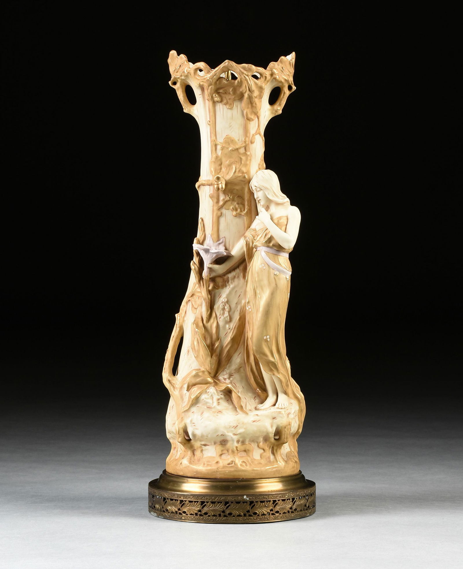 AN ART NOUVEAU ROYAL DUX GILT HIGHLIGHTED FIGURAL VASE (1 of 10)