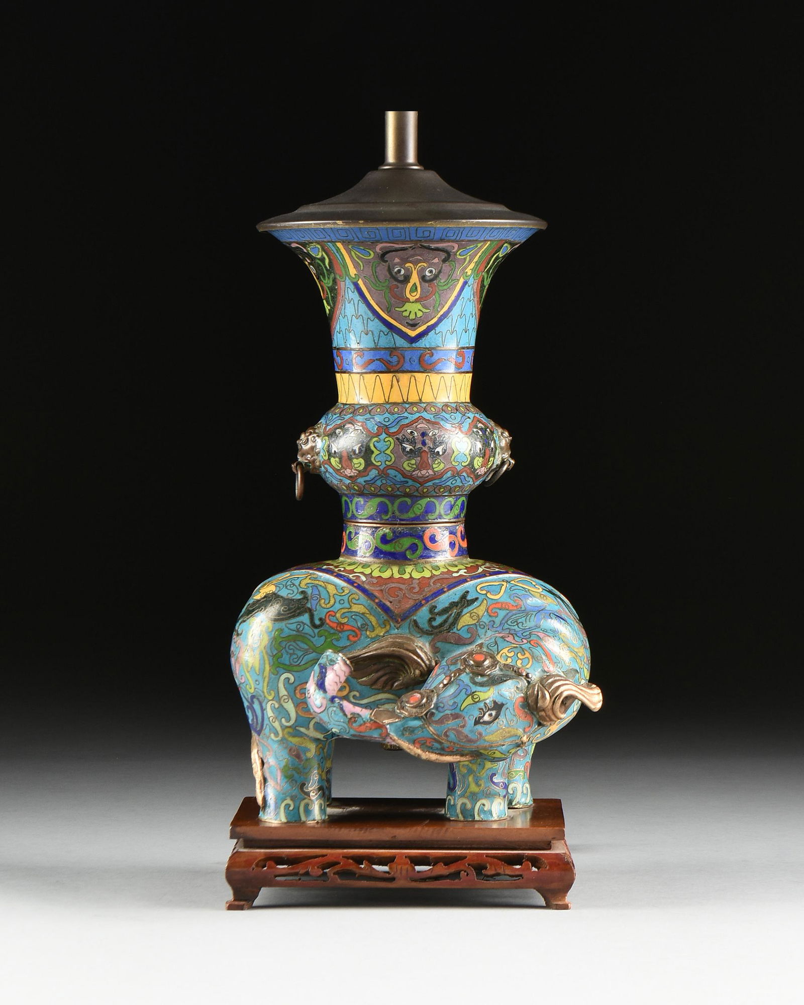 A CHINESE POLYCHROME ENAMELED CLOISONNÉ ELEPHANT VASE, (1 of 8)
