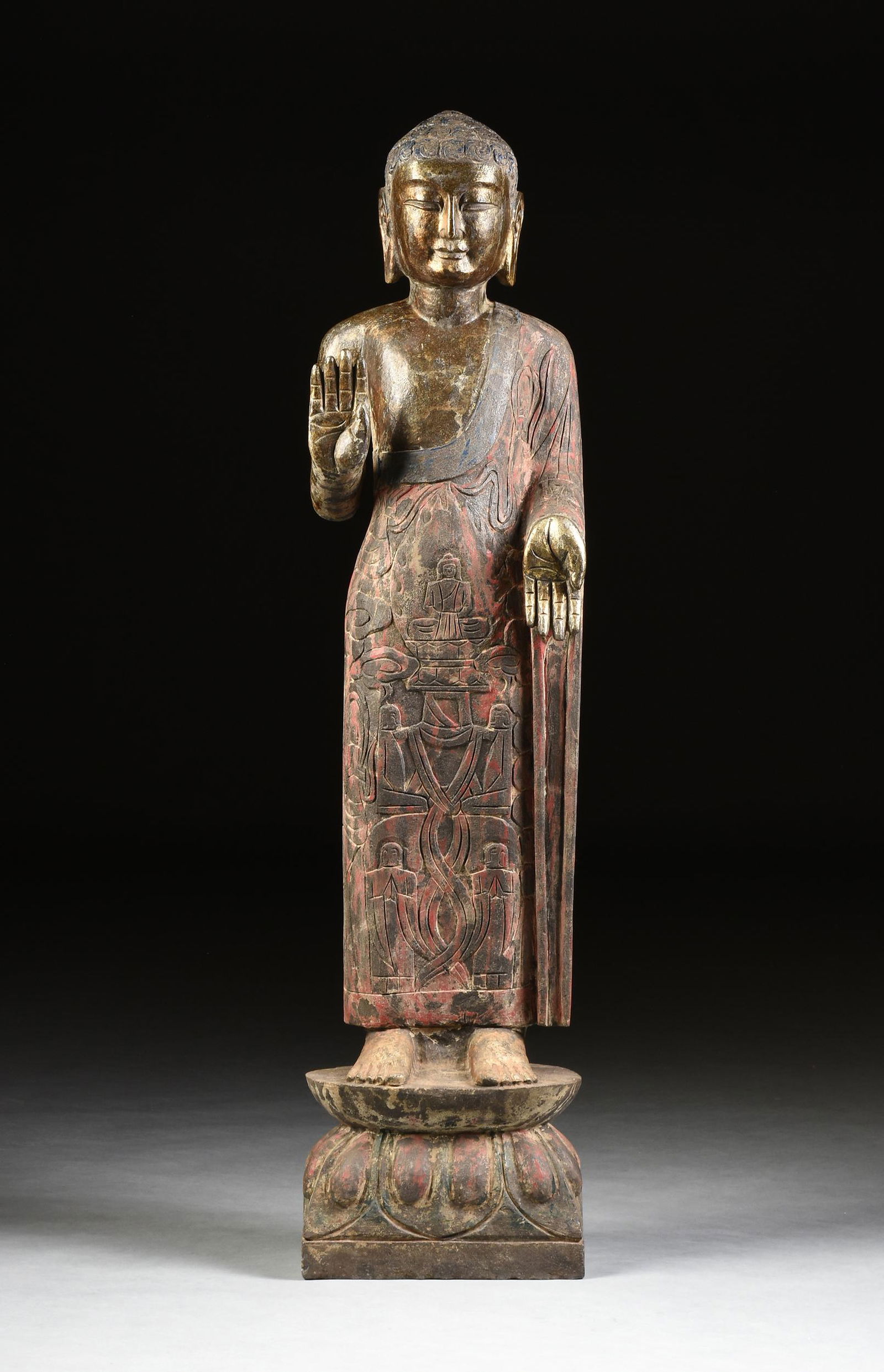 A CHINESE PARCEL GILT ENAMELED LIMESTONE ABHAYA MUDRA (1 of 12)