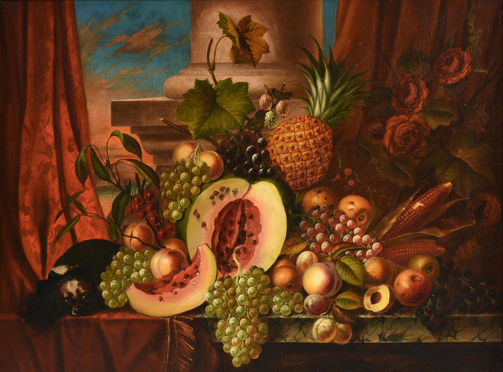 after JACOBUS LINTHORST (Dutch 1745-1815) A PAINTING,: after JACOBUS LINTHORST (Dutch 1745-1815) A PAINTING, "Still life with Spaniel, Pineapple, Corn, and Roses," 18TH/19TH CENTURY, oil on canvas, a profusion of fruits including, peaches, oranges, apples