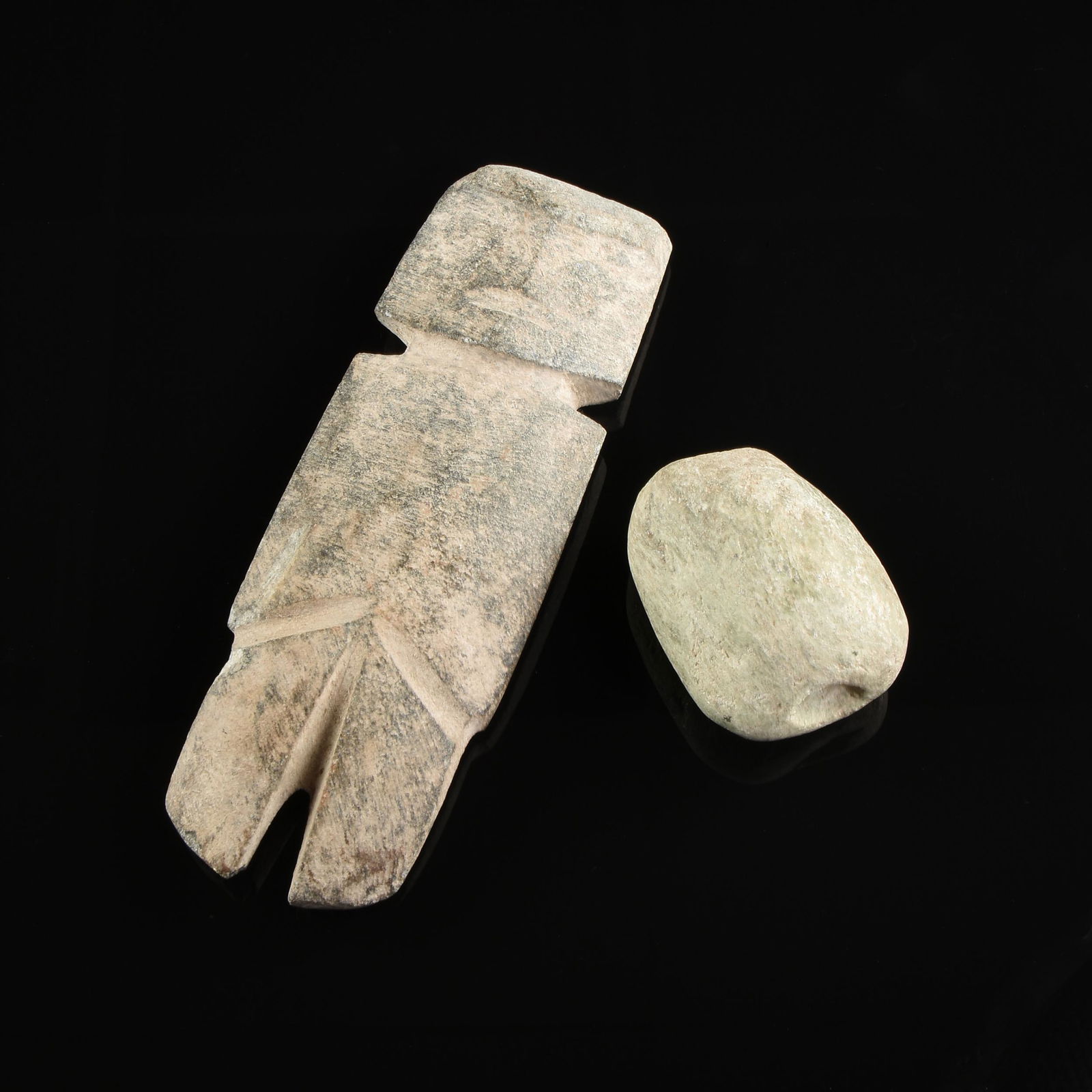 A GROUP OF TWO MEZCALA STYLE STONE ARTIFACTS, (1 of 2)