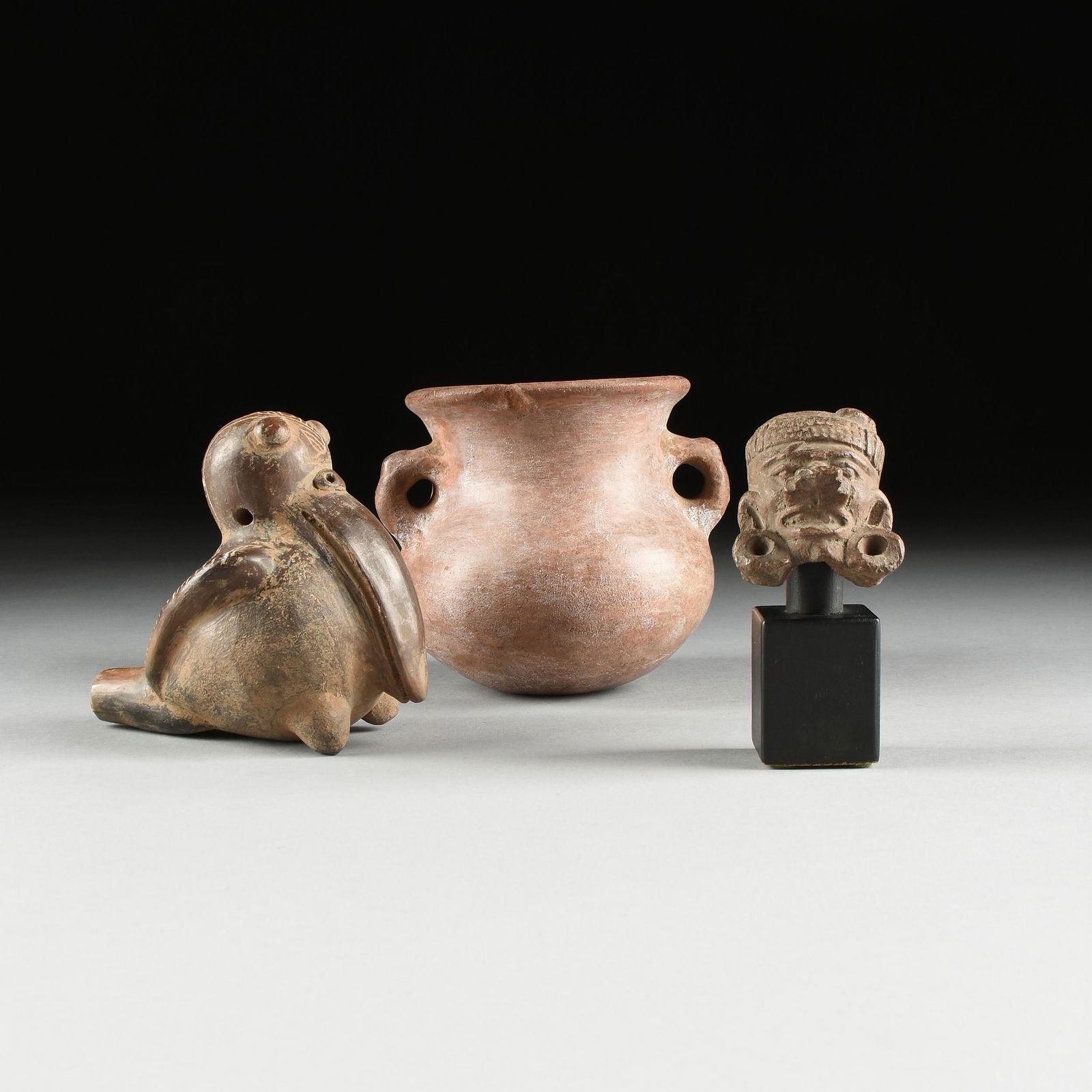 A GROUP OF THREE PRE COLUMBIAN POTTERY ARTIFACTS, (1 of 15)