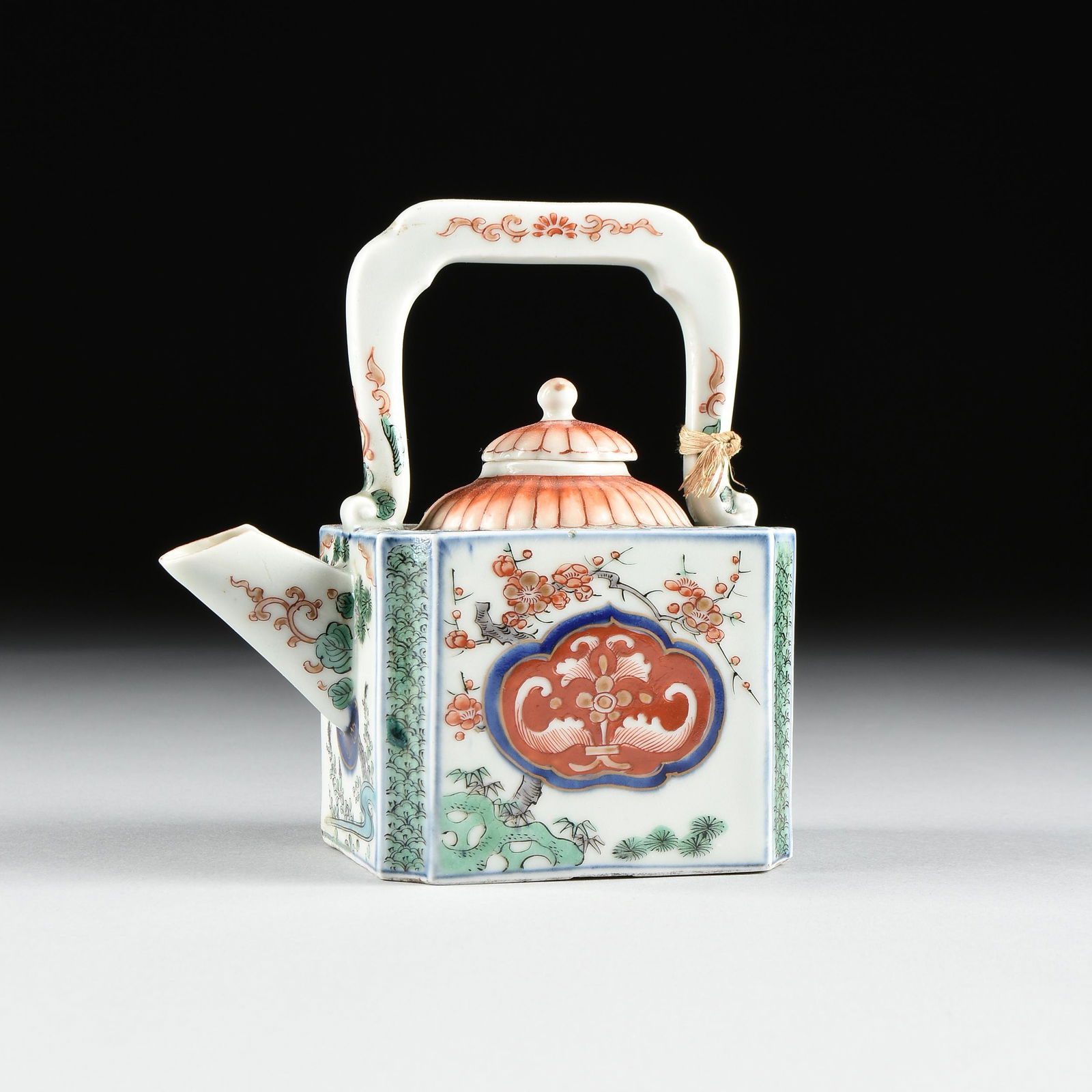 A KO IMARI STYLE SQUARE ENAMELED PORCELAIN TEA POT, (1 of 8)