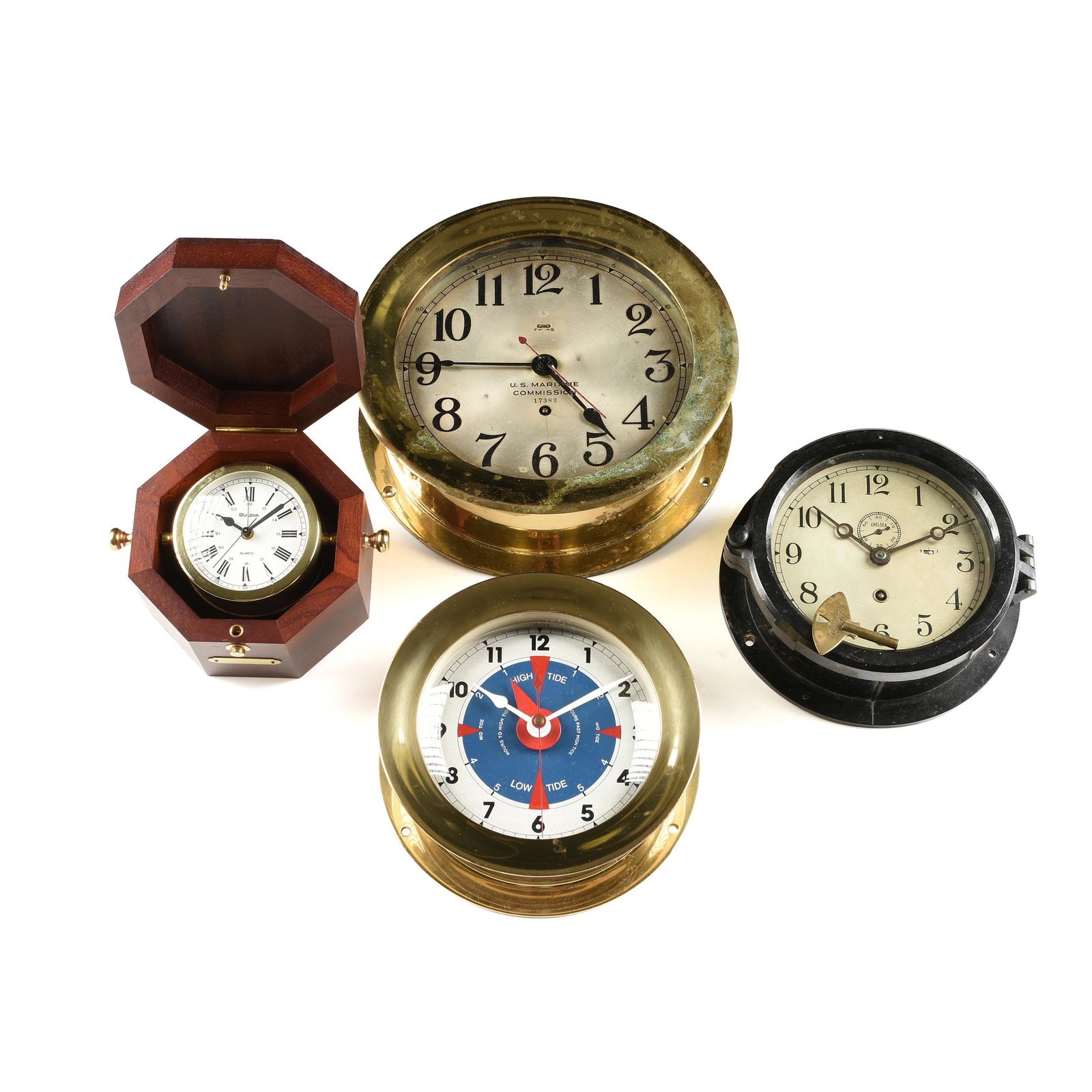A GROUP OF FIVE SHIP'S CLOCKS AND TIDAL BAROMETER (1 of 12)