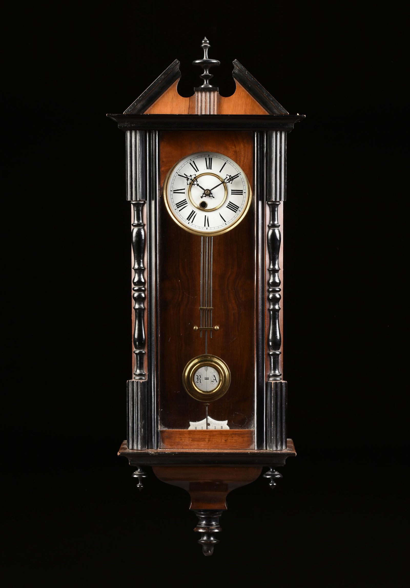 A GERMAN EBONIZED MAHOGANY REGULATOR WALL CLOCK, (1 of 3)