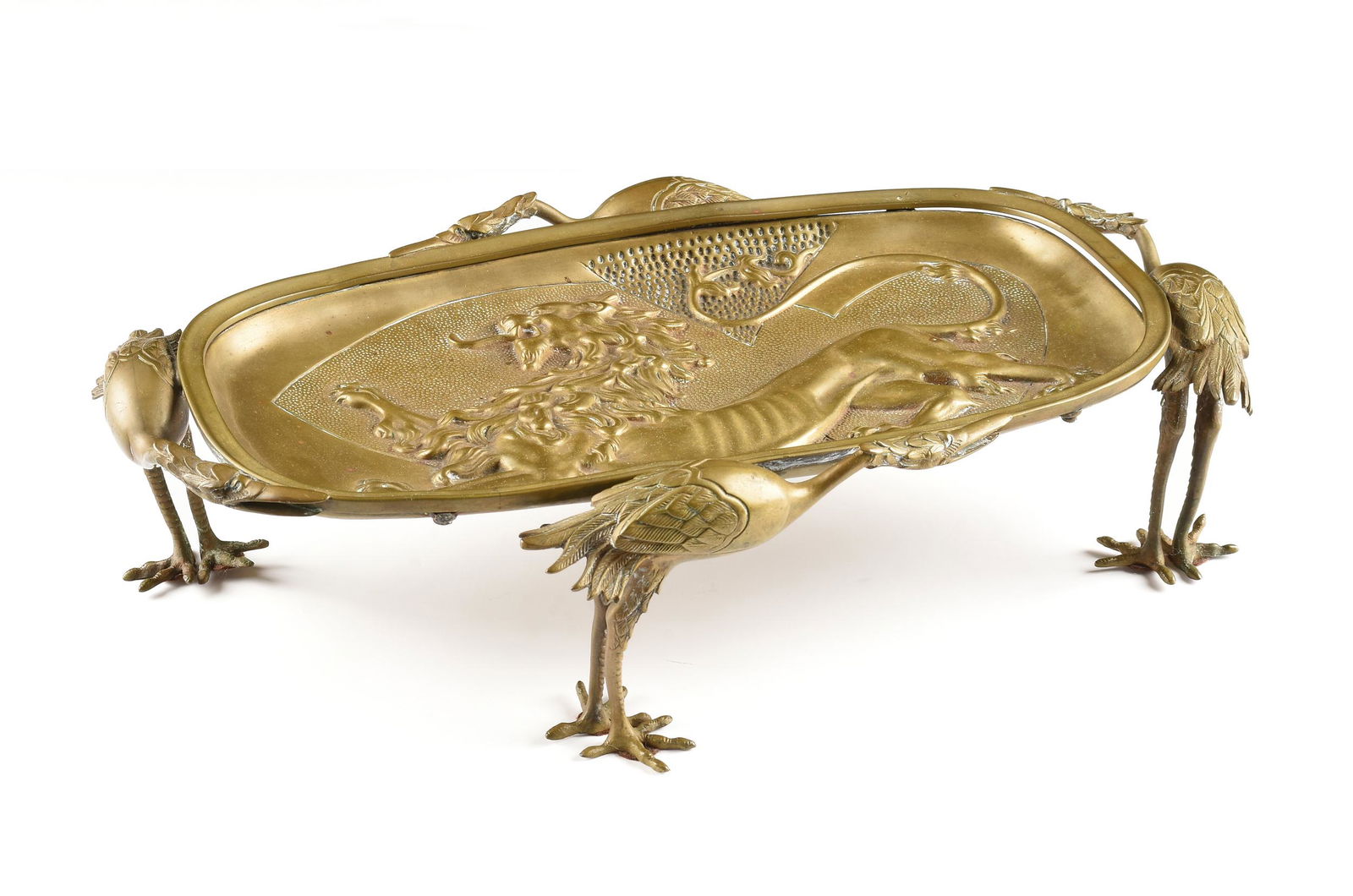 A JAPONAISERIE BRASS LION AND CRANE TRAY, POSSIBLY (1 of 8)