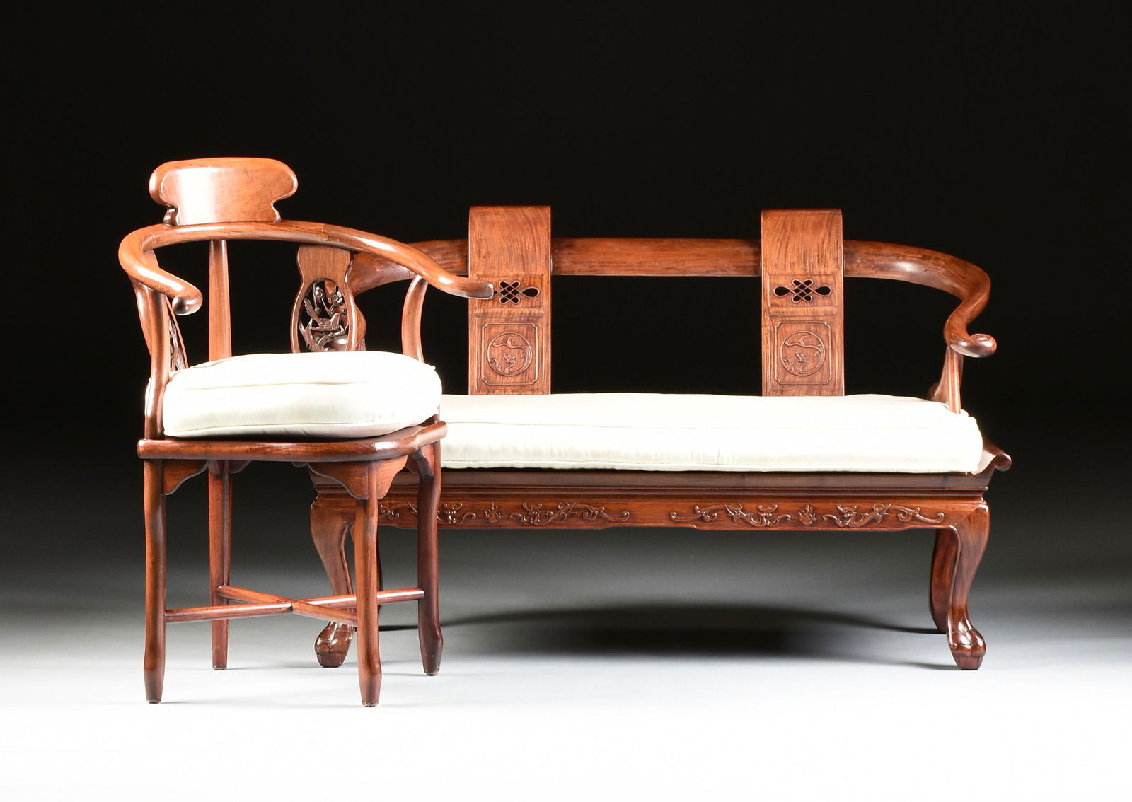 A CHINESE CARVED HARDWOOD SETTEE, TOGETHER WITH A (1 of 15)