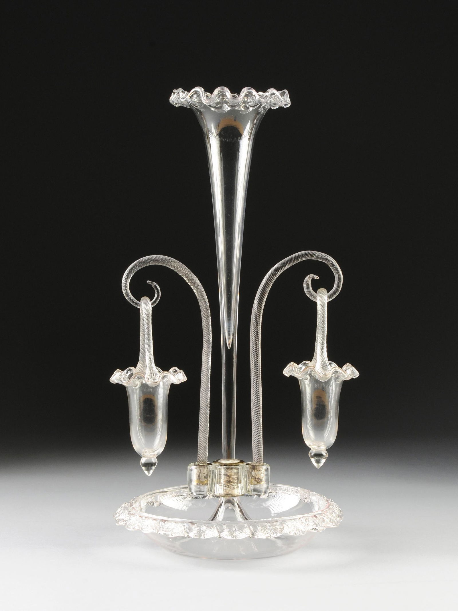 A VICTORIAN CLEAR GLASS EPERGNE, LATE 19TH/EARLY 20TH (1 of 6)