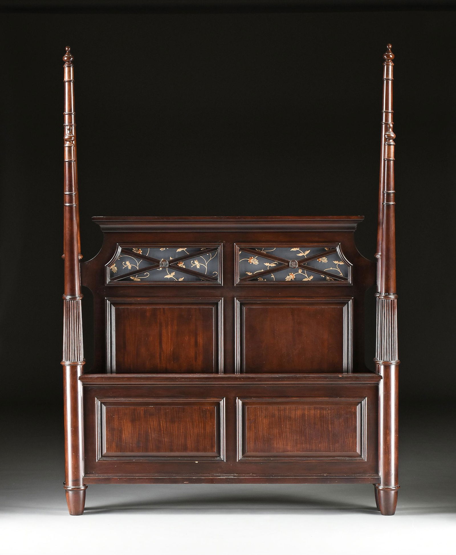 A REGENCY REVIVAL STYLE MAHOGANY FOUR POST HEAD AND: A REGENCY REVIVAL STYLE MAHOGANY FOUR POST HEAD AND FOOT BOARD, MODERN, the headboard cornice with a flat rectangular plank top on a tapering cavetto above "X" pierced twin panels centering disc pater