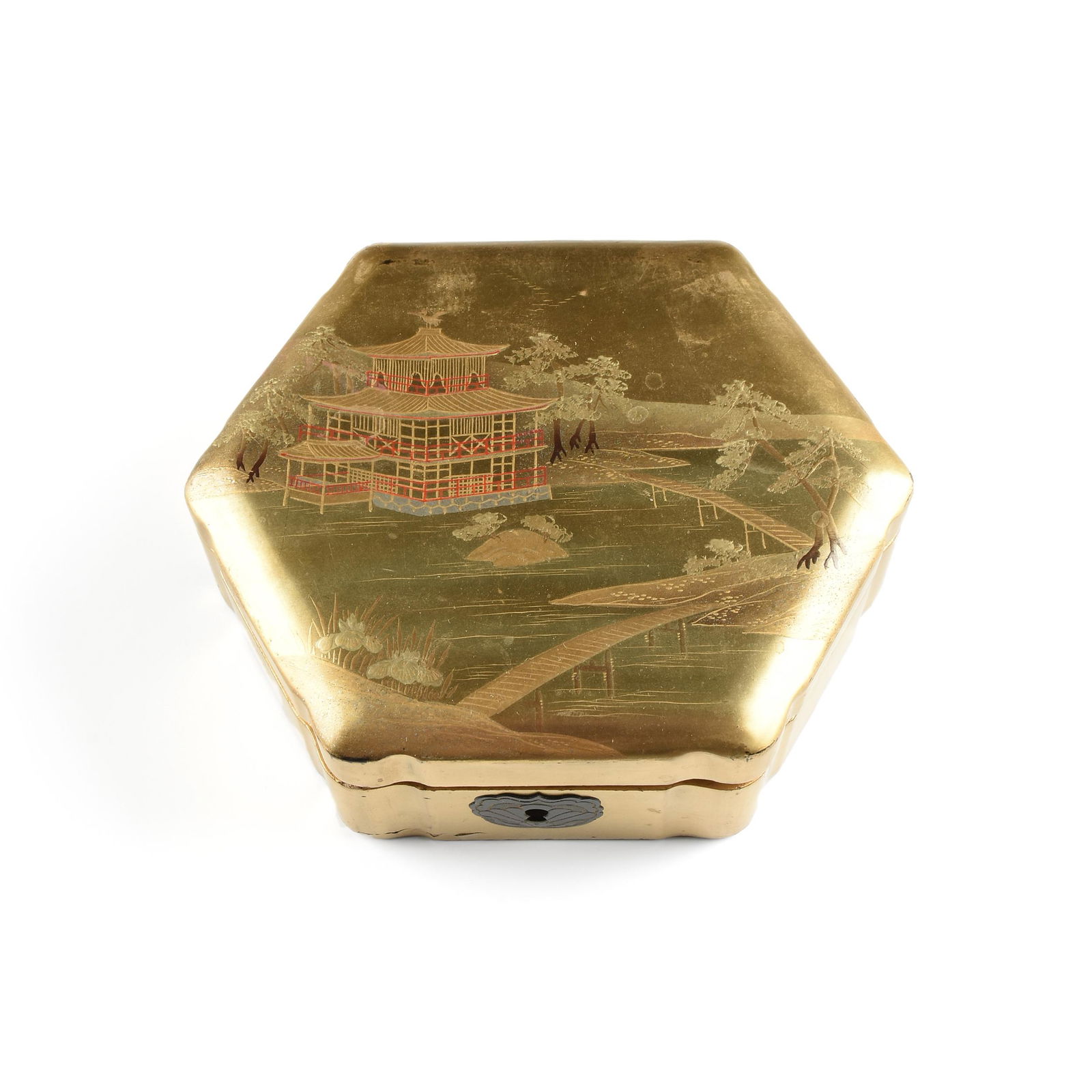 A JAPANESE GILT AND POLYCHROME LACQUERED HEXAGONAL BOX, (1 of 5)