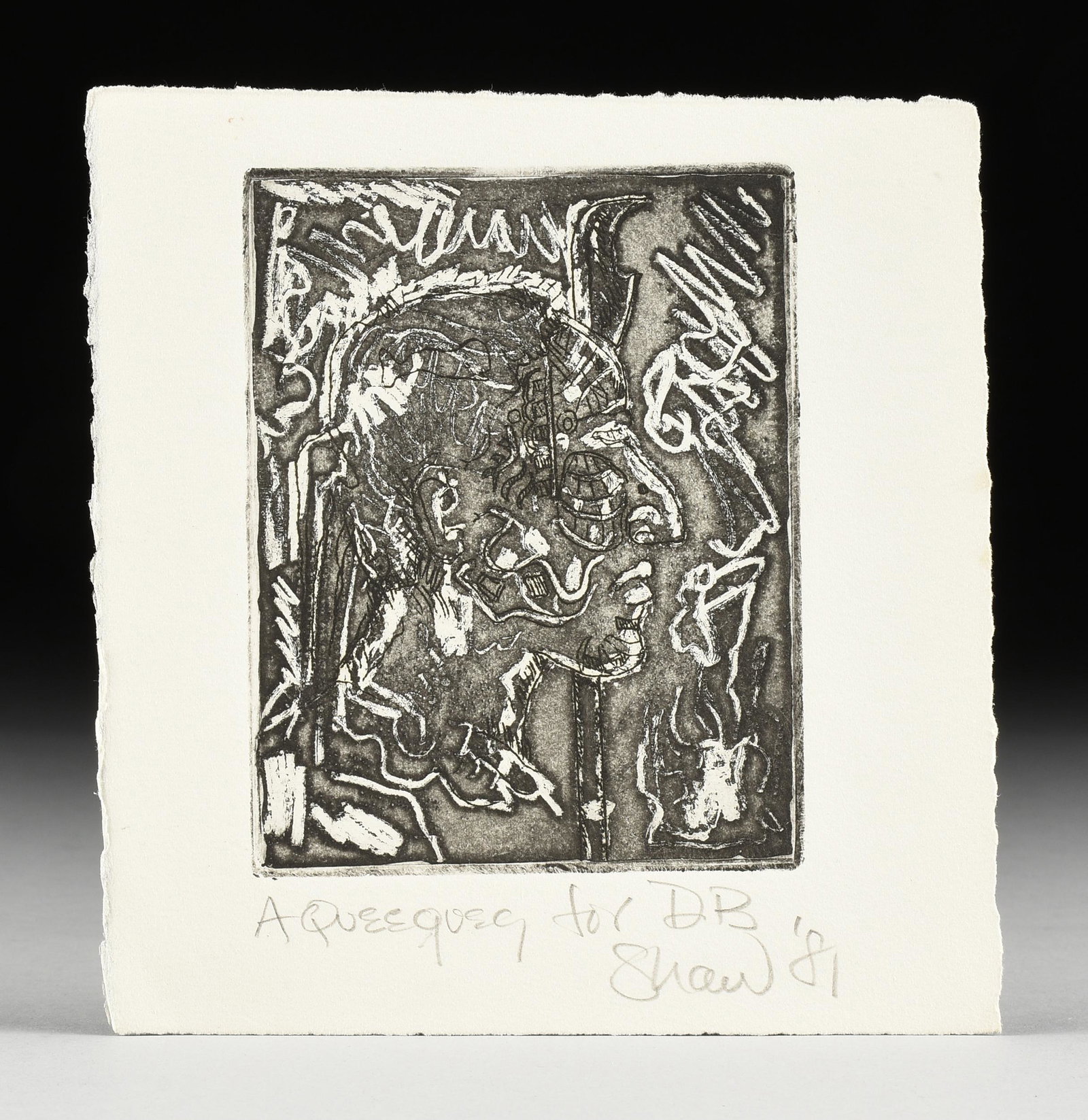 DON SHAW (American/Texas B. 1934) A PRINT AND LETTER,: DON SHAW (American/Texas B. 1934) A PRINT AND LETTER, "A Queequeg For DB," 1981-1983, etching on paper, titled, signed and dated in pencil L/R "Shaw 1981," 5" x 3 3/4"; and a hand inscribed letter, in