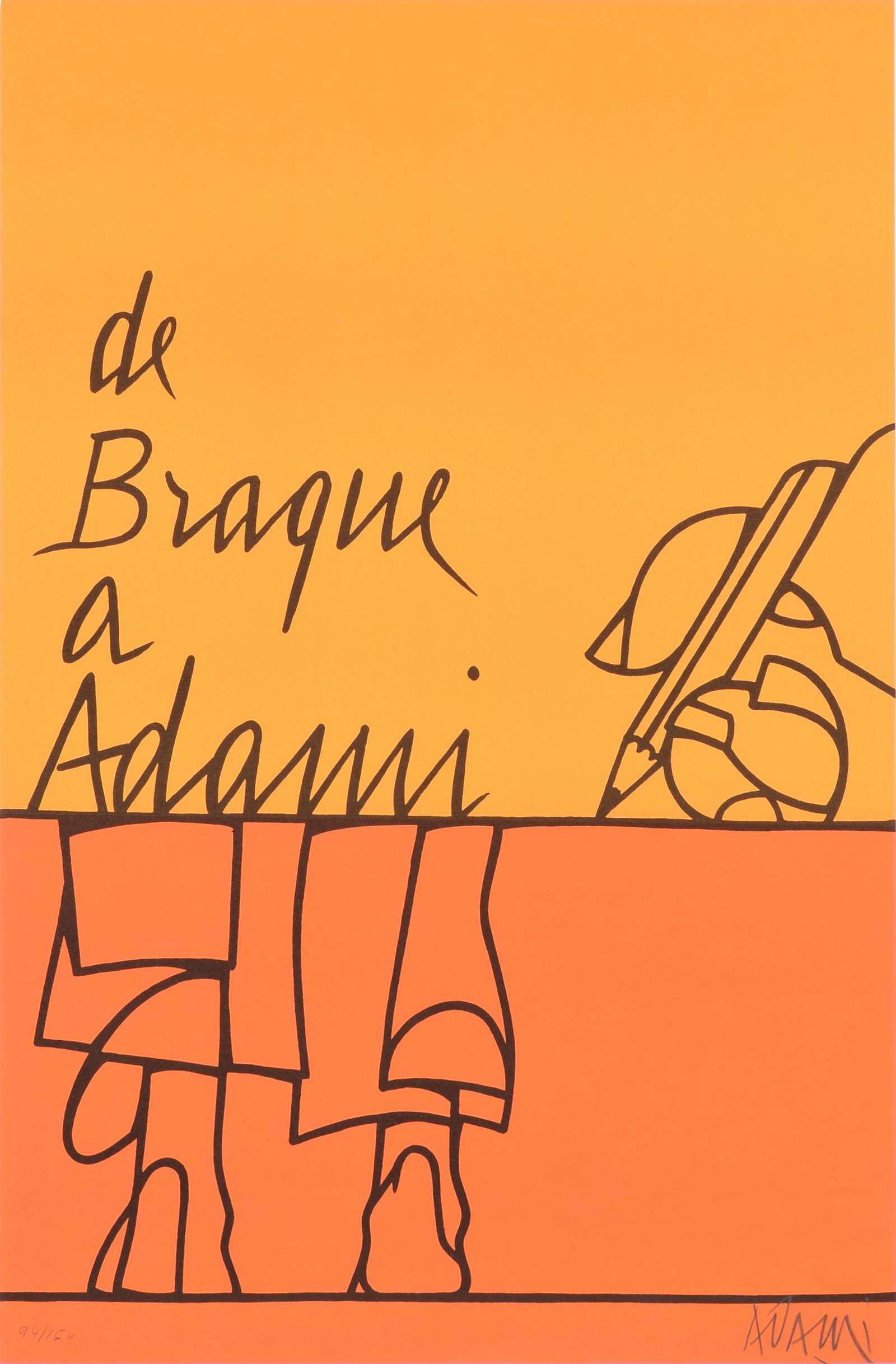 VALÃ‰RIO ADAMI (Italian, b. 1935) A PRINT, "De Braque a: VALÃ‰RIO ADAMI (Italian, b. 1935) A PRINT, "De Braque a Adami," circa 1980s, lithograph on paper, signed in image in pencil L/R "Adami," numbered 94/150 L/L. 28 5/8" x 18 3/4" Provenance: Estate of