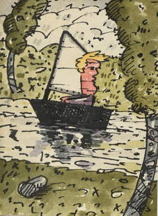 RICHARD THOMPSON (American/Texas 20th century) A: RICHARD THOMPSON (American/Texas 20th century) A PAINTING, "Untitled (Figure Sailing)," circa 1980s, ink and watercolor on paper. 4" x 3" Provenance: Estate of David E. Brauer, Houston, Texas.