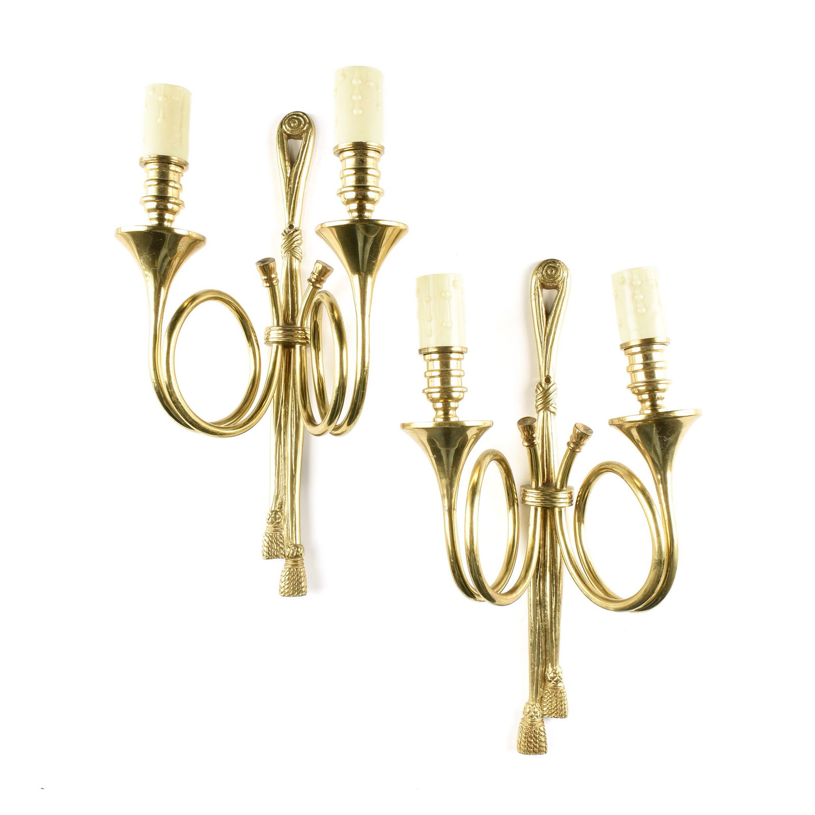 A PAIR OF REGENCY STYLE DOUBLE BUGLE AND TASSELS TWO (1 of 5)