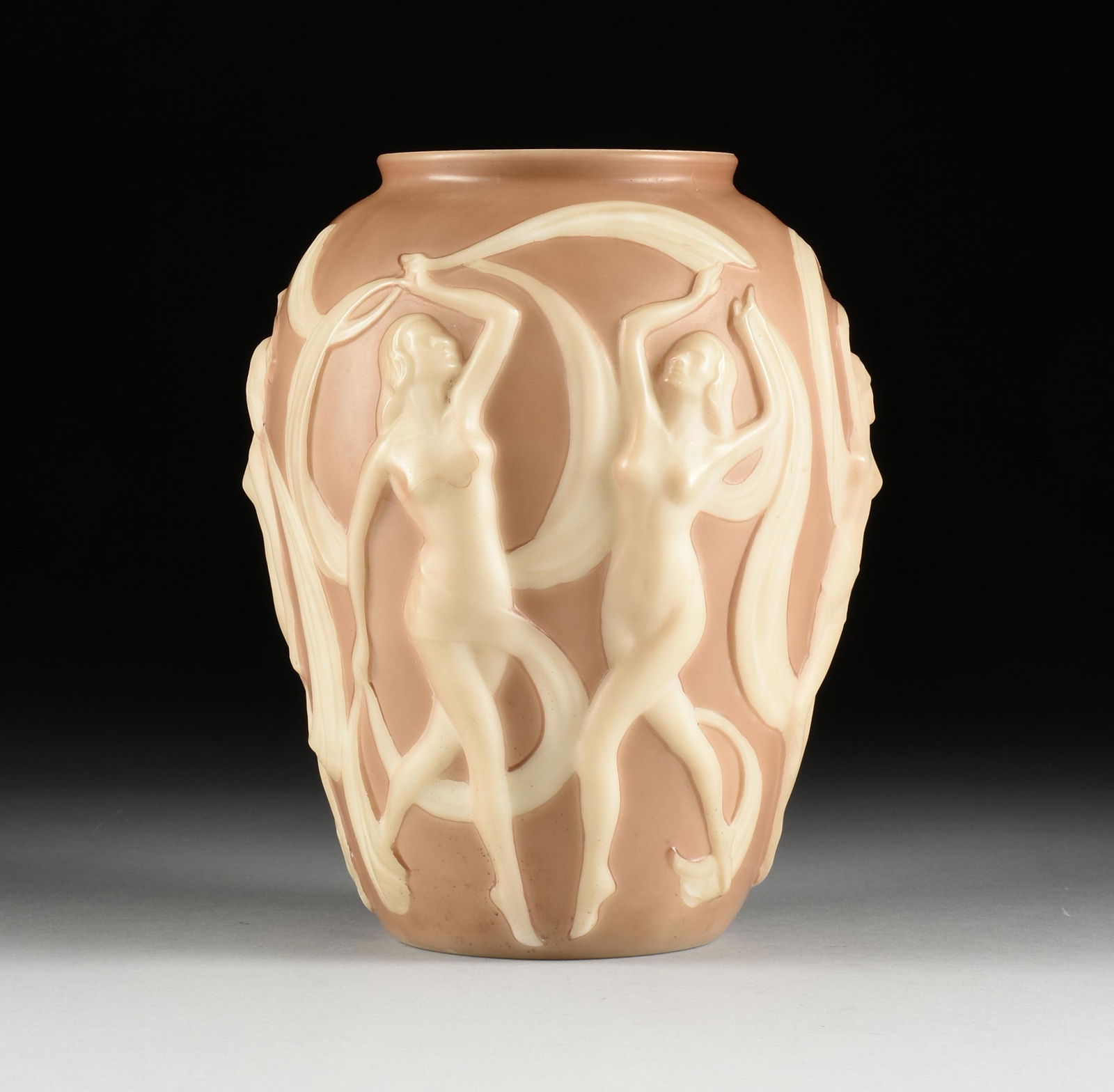 AN ART DECO "PHOENIX SCULPTED ART WARE" GLASS VASE, (1 of 9)