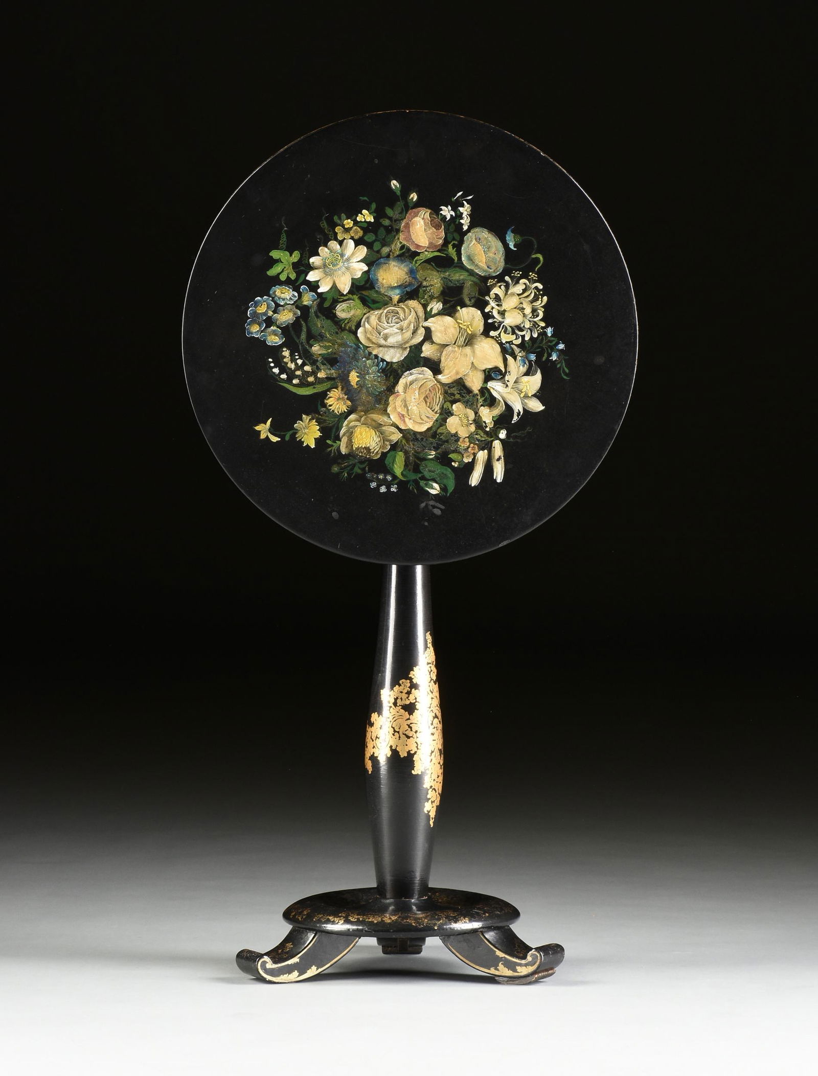 A VICTORIAN FLORAL PAINTED BLACK LACQUER PAPIER MACHÃ‰ (1 of 7)