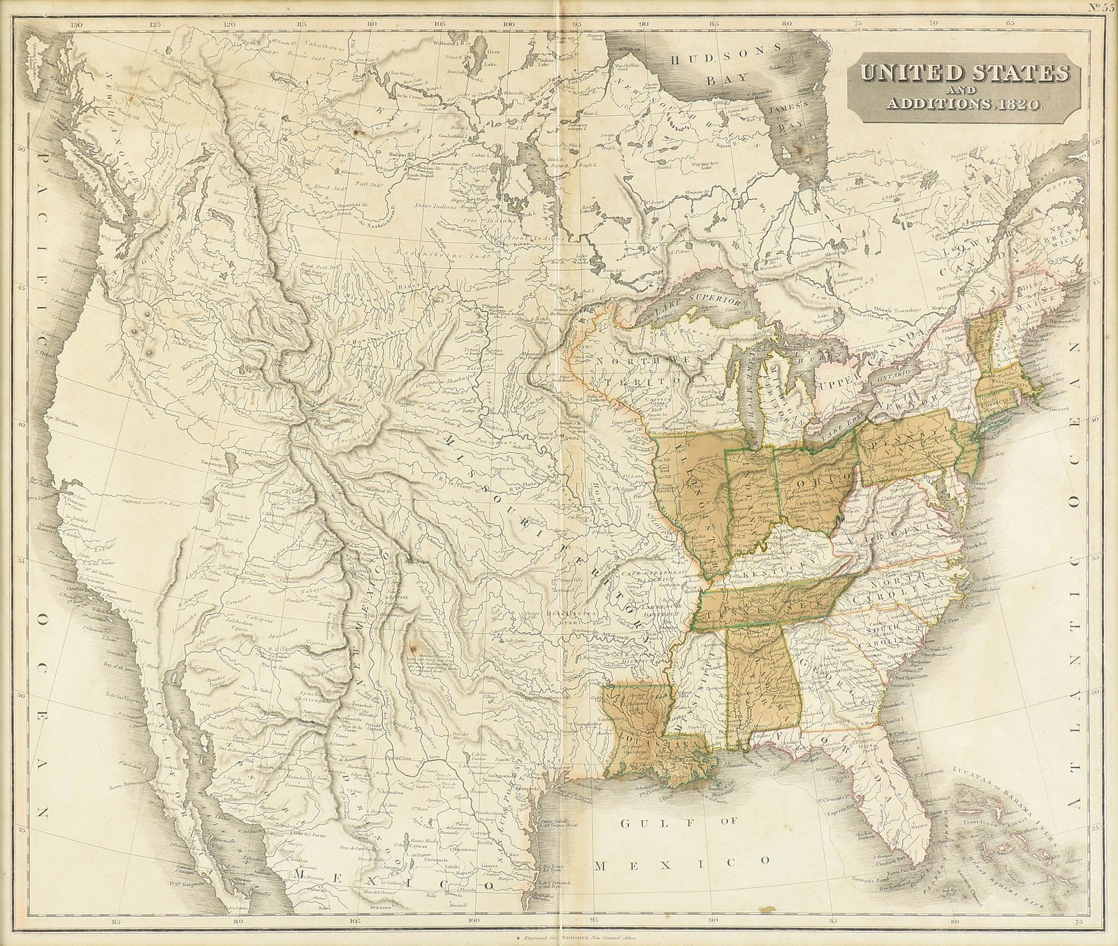 JOHN THOMSON (Scottish 1777-c.1841) AN AMERICAN: JOHN THOMSON (Scottish 1777-c.1841) AN AMERICAN EXPANSION MAP, "United States and Additions 1820," EDINBURG, 1820, hand color engraving on paper, by John Thomson (1777-c.1841), Scottish cartographer,