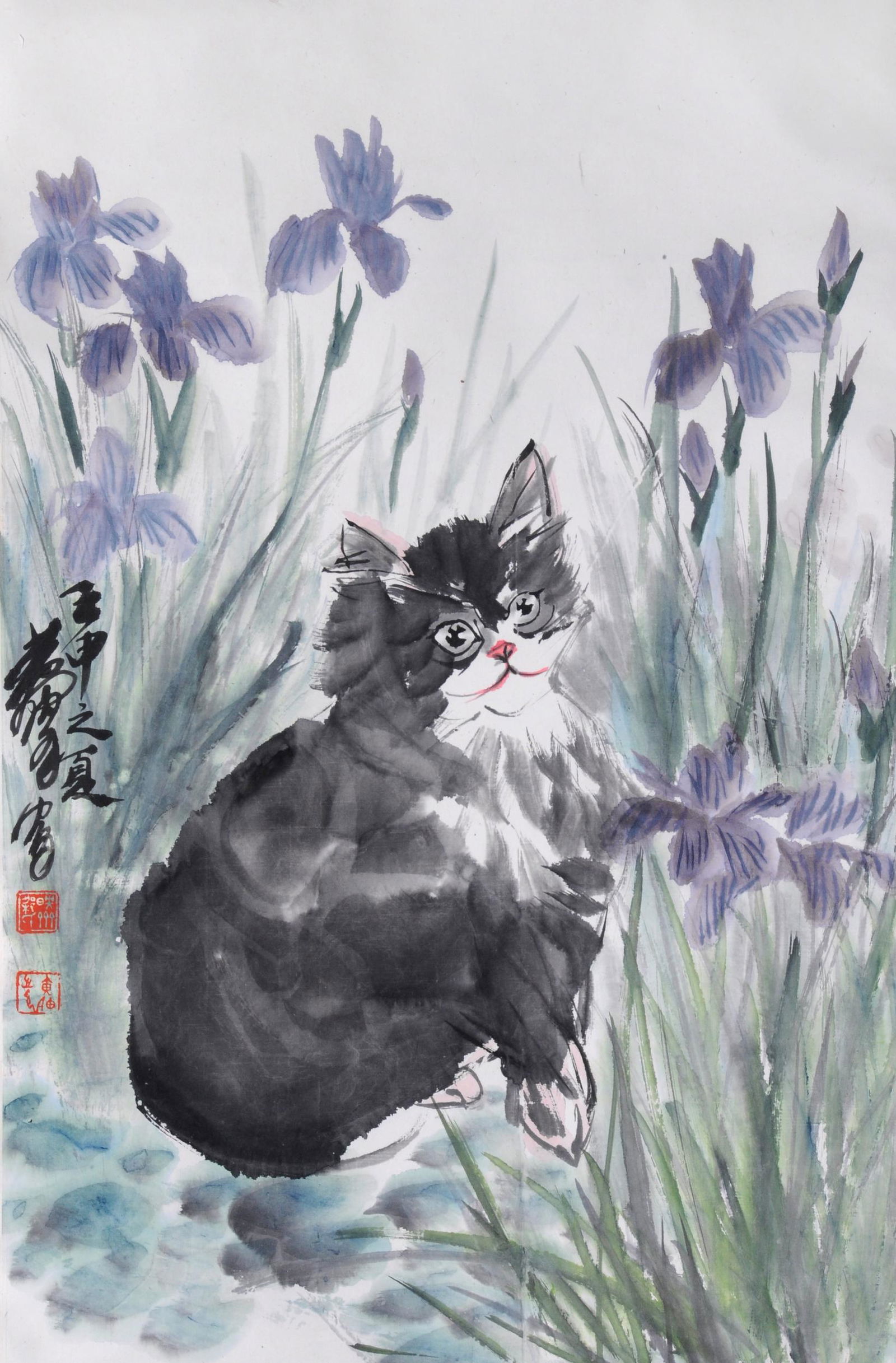 A CHINESE PAINTED SCROLL, "Cat," SIGNED, 20TH CENTURY, (1 of 4)