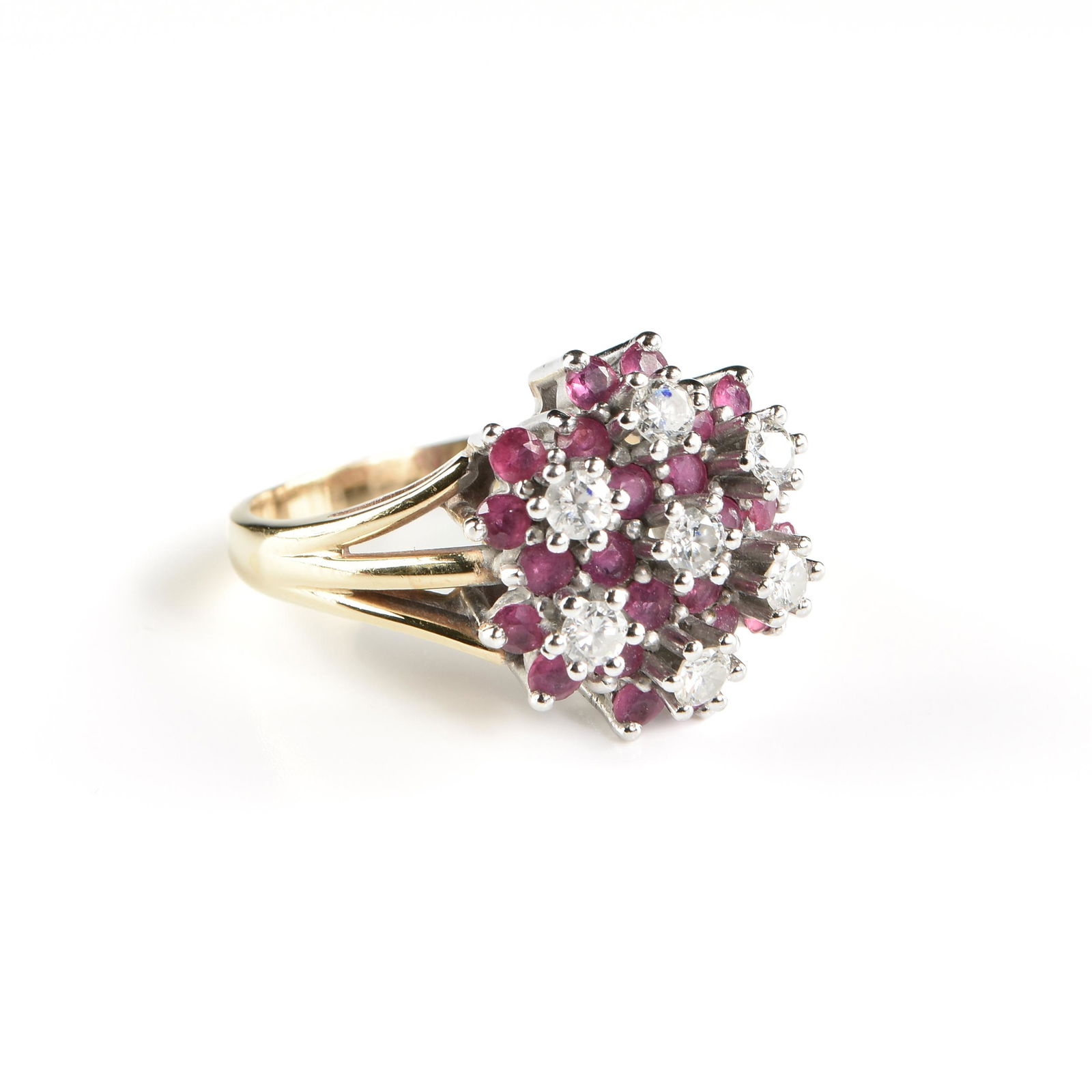 A 14K WHITE AND YELLOW GOLD, RUBY, AND DIAMOND CLUSTER (1 of 3)