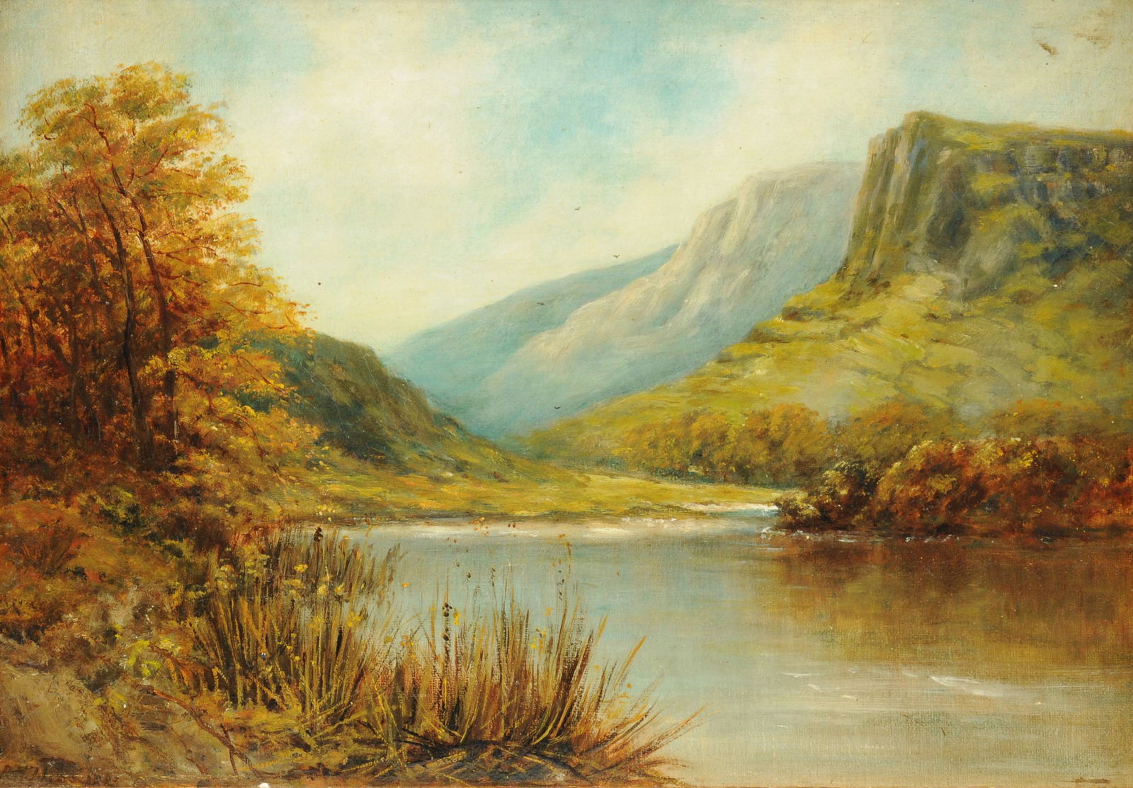 ENGLISH SCHOOL, A PAINTING, "River Derwent,: ENGLISH SCHOOL, A PAINTING, "River Derwent, Cumberland," 1883, oil on canvas, spuriously signed and dated L/L, "R. Hipkins 1883," verso titled and dated, and a partial British colorman stamp, "Prepare