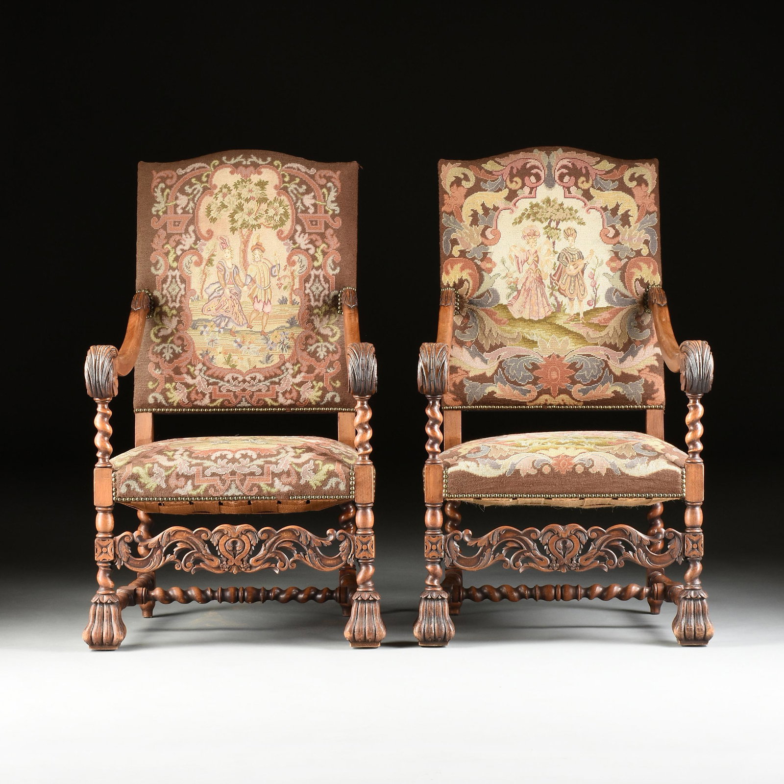 A PAIR OF CHARLES II STYLE PETIT/GROS POINT SILK AND (1 of 13)