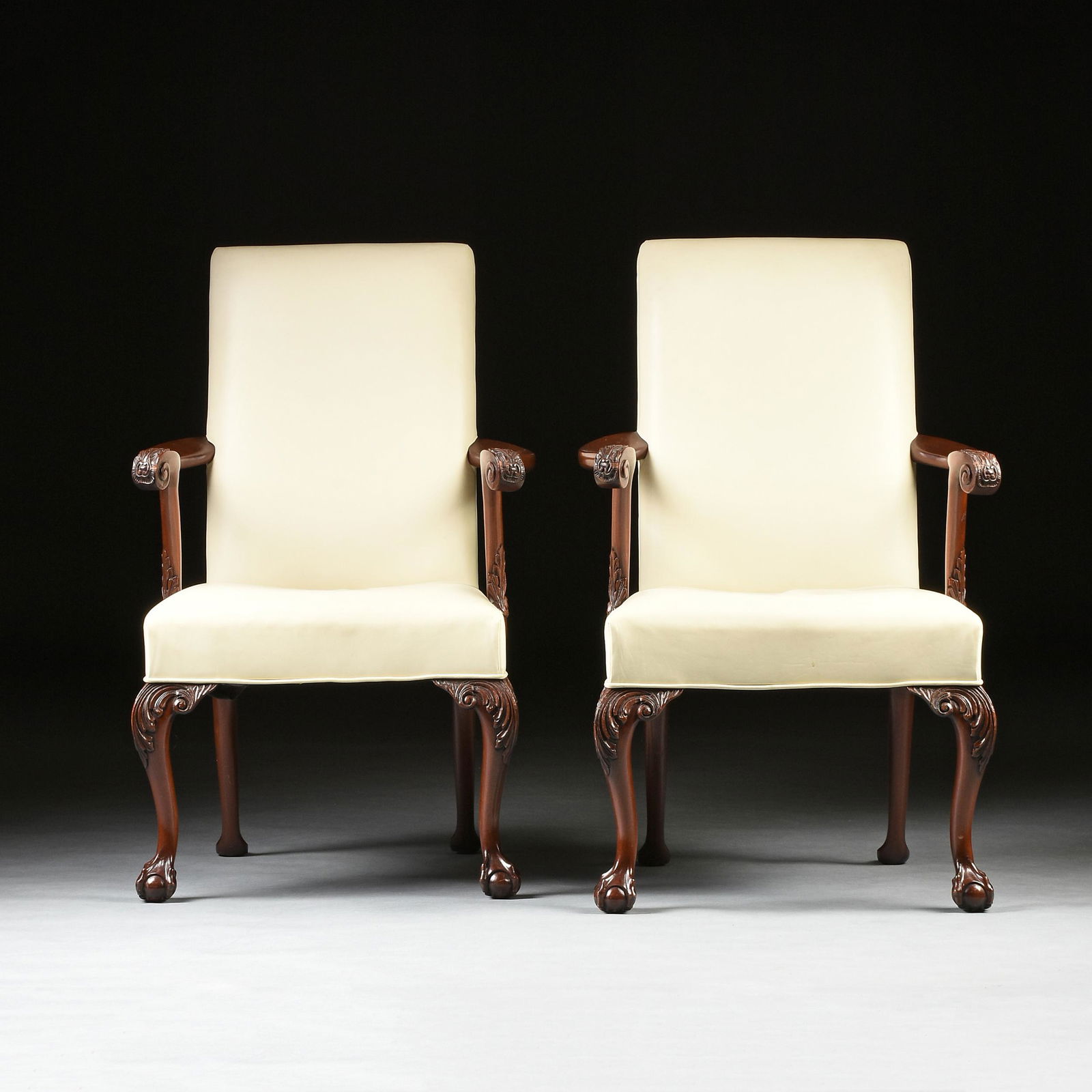 A PAIR OF GEORGE II STYLE LEATHER UPHOLSTERED MAHOGANY (1 of 9)