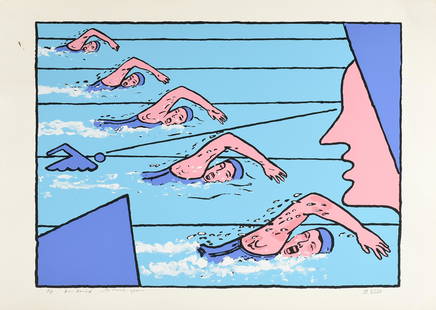DEREK BOSHIER (British b. 1937) A PRINT, â€œSwimming,": DEREK BOSHIER (British b. 1937) A PRINT, â€œSwimming," from the NFL Sports Series, 2002, screenprint on paper, signed and dated in margin in pencil L/R, "DB 2002," marked A/P and inscribed L/L "Fo