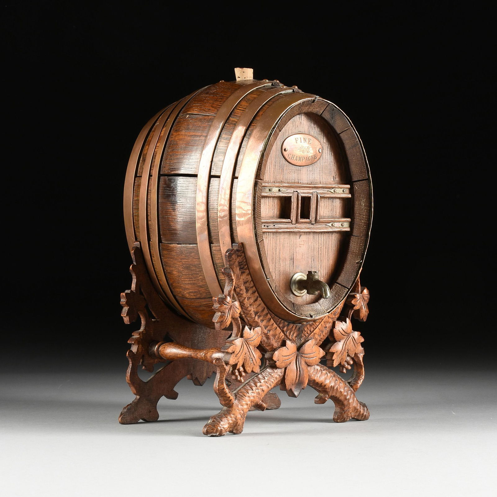 A VINTAGE "FINE CHAMPAGNE" OAK CASK ON STAND, 19TH/20TH (1 of 6)