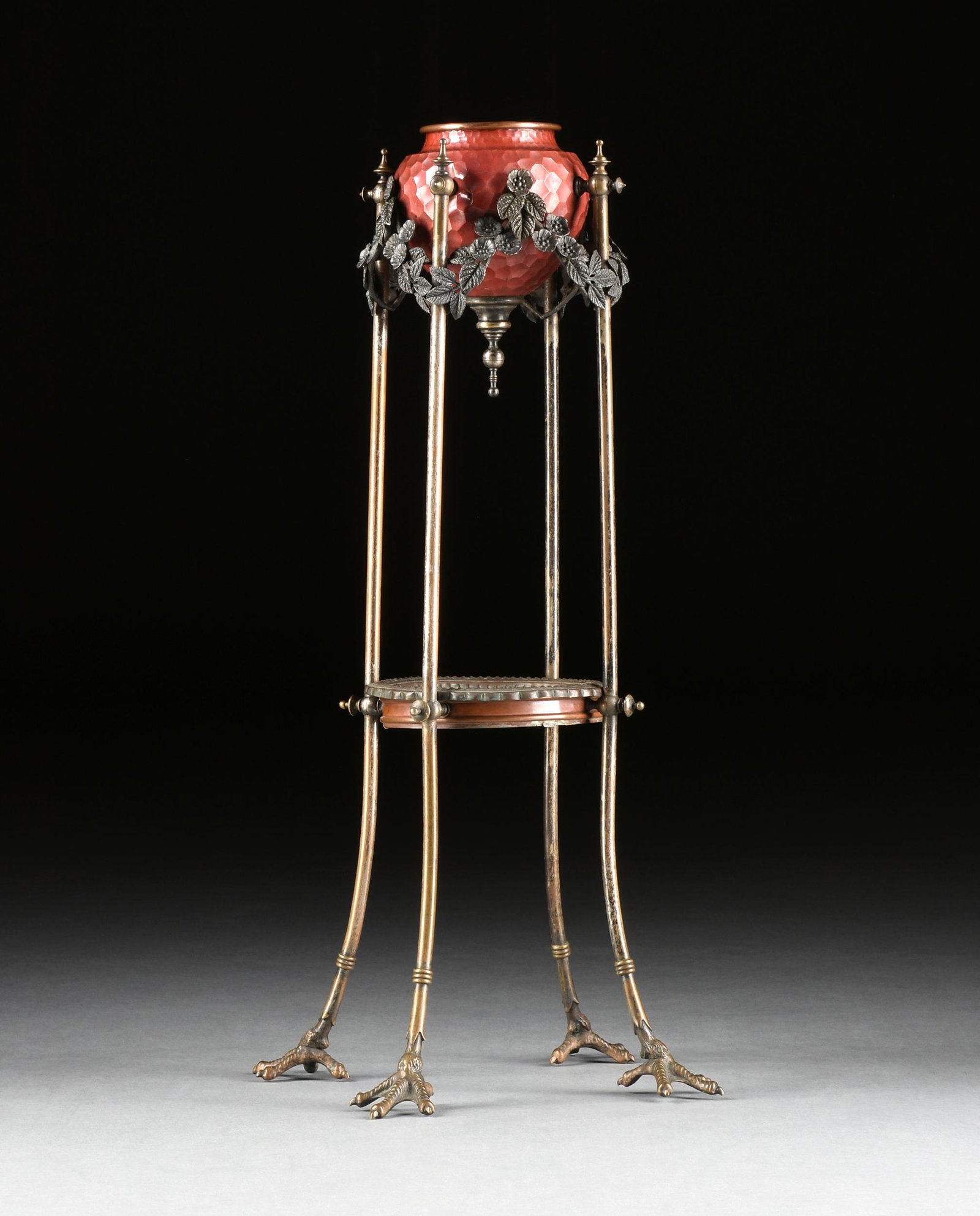 A VICTORIAN AESTHETIC STYLE PATINATED BRASS JARDINIERE ON STAND, (1 of 6)