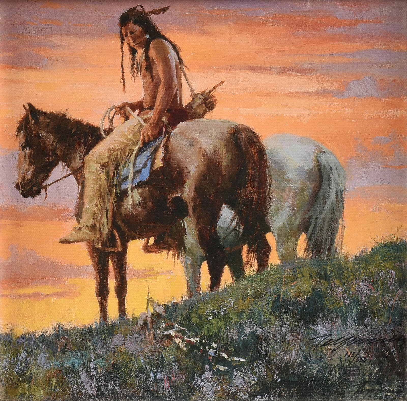 HOWARD TERPNING (American b. 1927) A GICLEE CANVAS, "Sign Along the Trail," 2007,: HOWARD TERPNING (American b. 1927) A GICLEE CANVAS, "Sign Along the Trail," 2007, giclee in colors on canvas, signed L/R in ink "Terpning," with special edition number 173/500; 10" x 10", framed 15" x