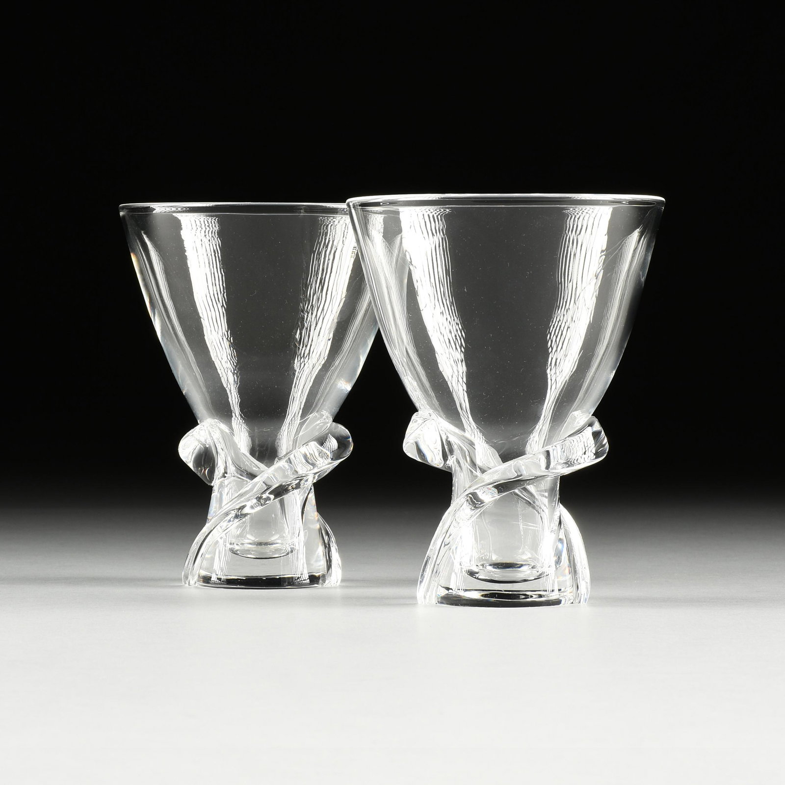 A PAIR OF STEUBEN CRYSTAL VASES, SIGNED, 8058, DESIGNER DONALD POLLARD, 1986, (1 of 3)