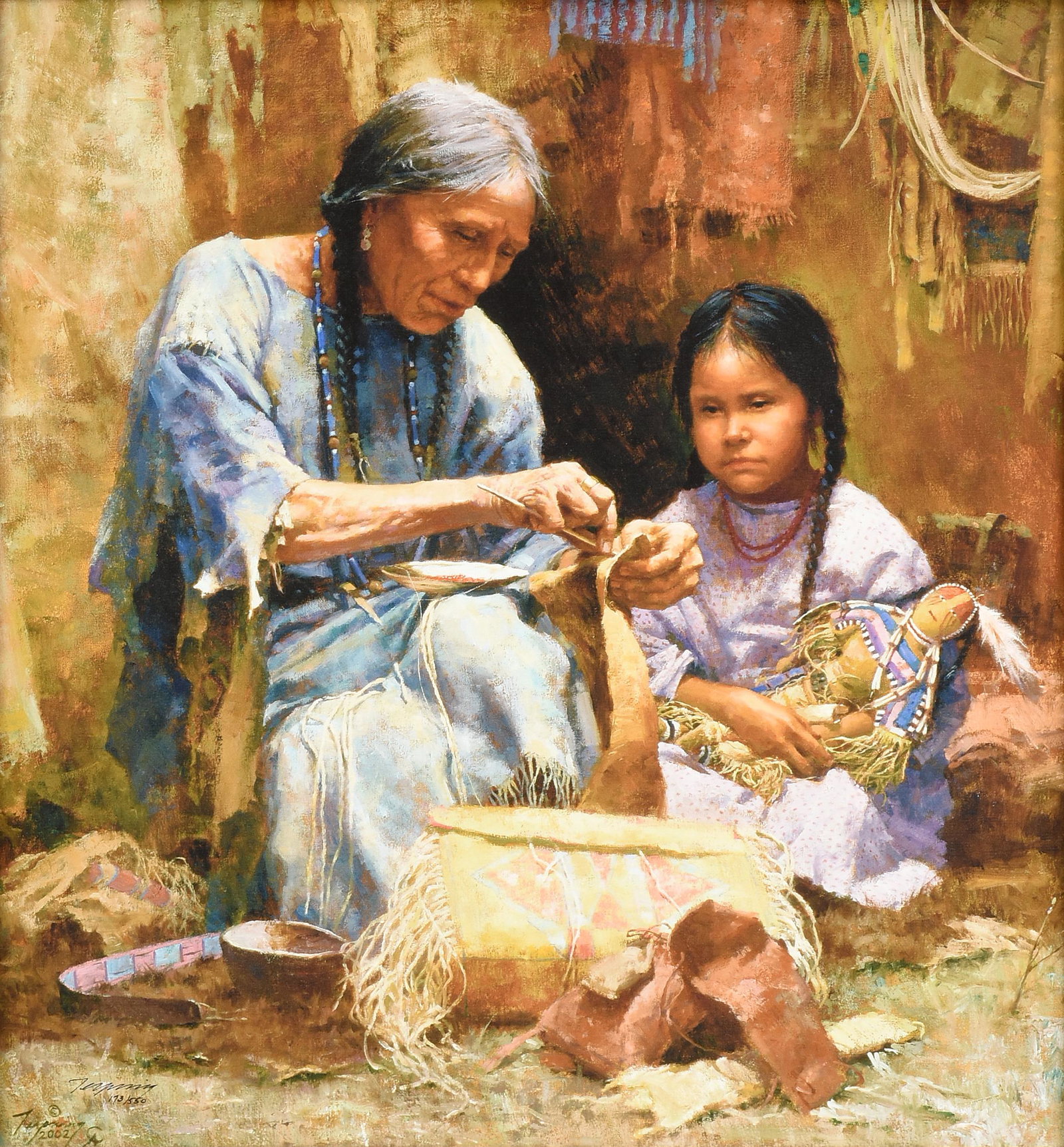HOWARD TERPNING (American b. 1927) A GICLEE CANVAS, "The Teachings of My Grandmother," 2003,: HOWARD TERPNING (American b. 1927) A GICLEE CANVAS, "The Teachings of My Grandmother," 2003, giclee on canvas, signed and dated in plate L/L and in ink, "Terpning," with special editon number 173/550;