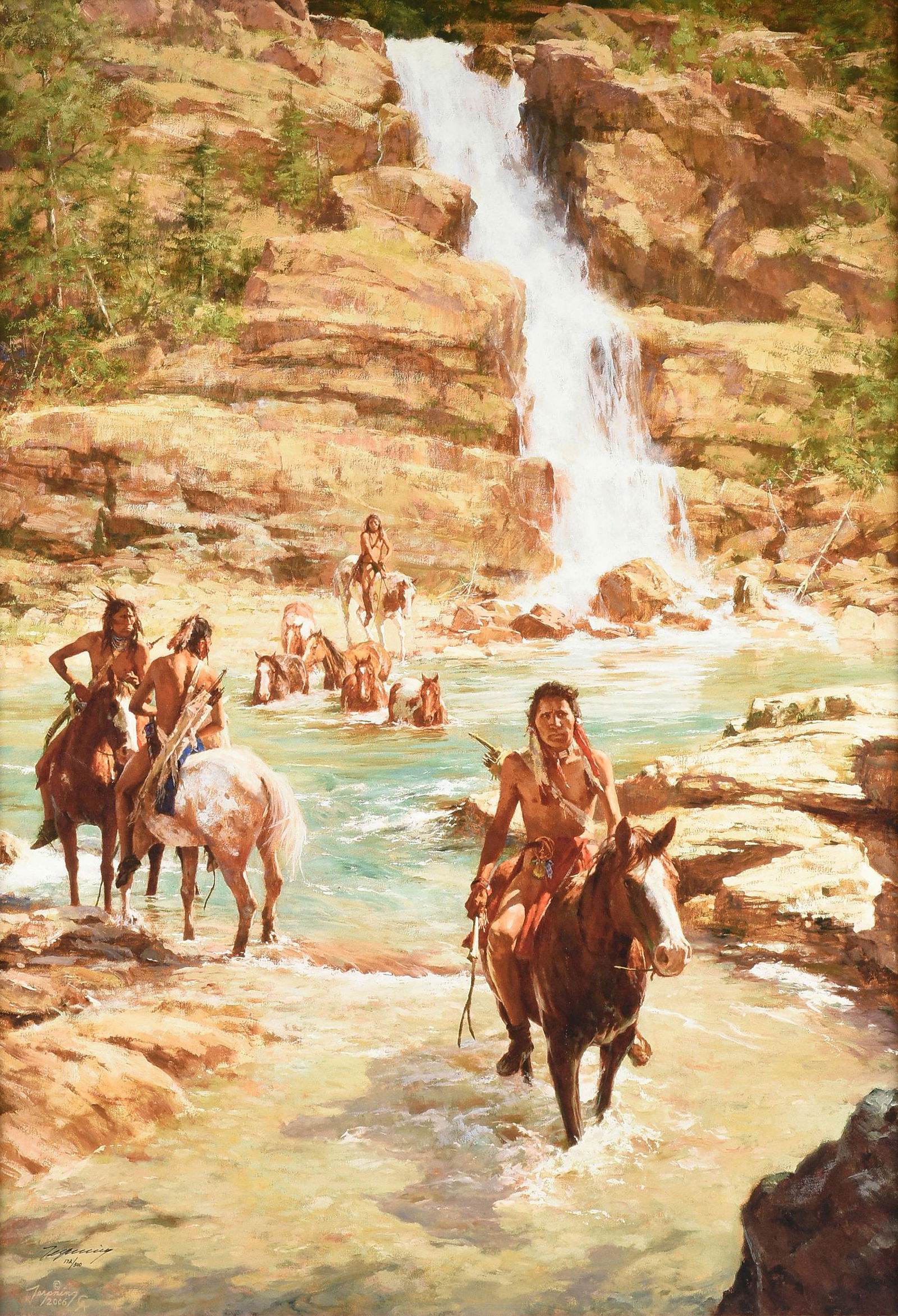 HOWARD TERPNING (American b. 1927) A GICLEE CANVAS, "Vanishing Pony Tracks," CIRCA 2006,: HOWARD TERPNING (American b. 1927) A GICLEE CANVAS, "Vanishing Pony Tracks," CIRCA 2006, giclee on canvas, signed and dated in plate and in ink L/L, "Terpning," with special edition number in inkk 172