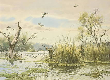 JOHN P. COWAN (American/Texas 1920-2008) A PRINT, "Teal Hunt," 1976,: JOHN P. COWAN (American/Texas 1920-2008) A PRINT, "Teal Hunt," 1976, printed reproduction of a watercolor on paper, signed in pencil L/R, "John P. Cowan," and numbered at L/L, "97/600," title printed