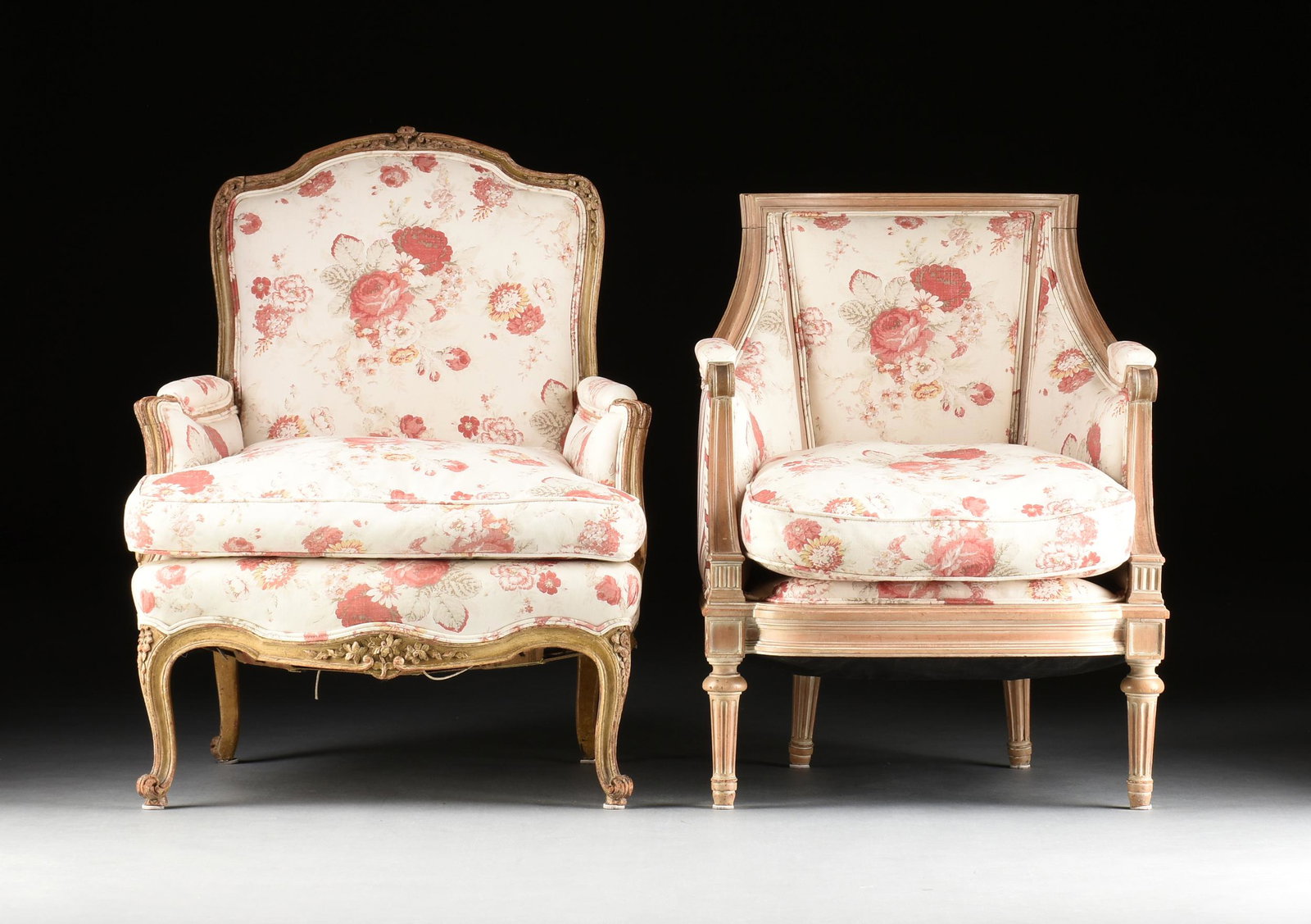TWO FRENCH STYLE PAINTED WOOD AND FLORAL UPHOLSTERED BERGÃˆRES, 20TH CENTURY, (1 of 9)
