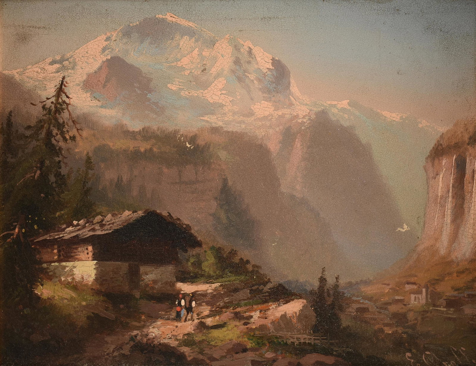 SWISS SCHOOL, A PAINTING, "Mountain and Figures by Cabin in Landscape," EARLY 20TH CENTURY, (1 of 10)