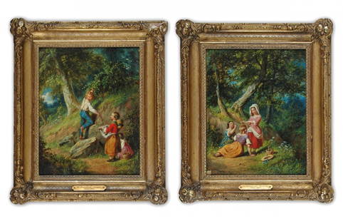 WILLIAM SANFORD MASON (American 1824-1864) A PAIR OF PA: WILLIAM SANFORD MASON (American 1824-1864) A PAIR OF PAINTINGS, "The Flower Gatherers" and "The Berry Pickers," oil on canvas, each signed and dated 1861 L/R. 10" x 8 1/2". Framed. PROVENANCE: Hirschl