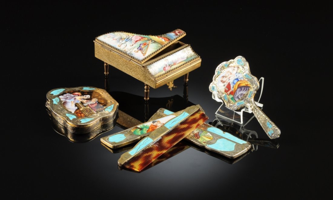 A FIVE PIECE POLYHCROME ENAMELED SILVER AND METAL: A FIVE PIECE POLYHCROME ENAMELED SILVER AND METAL TOILETTE SET, THE SILVER STAMPED "800", POSSIBLY ITALIAN, THIRD-QUARTER 20TH CENTURY, comprising a shaped trapezoidal lady's silver compact case with 