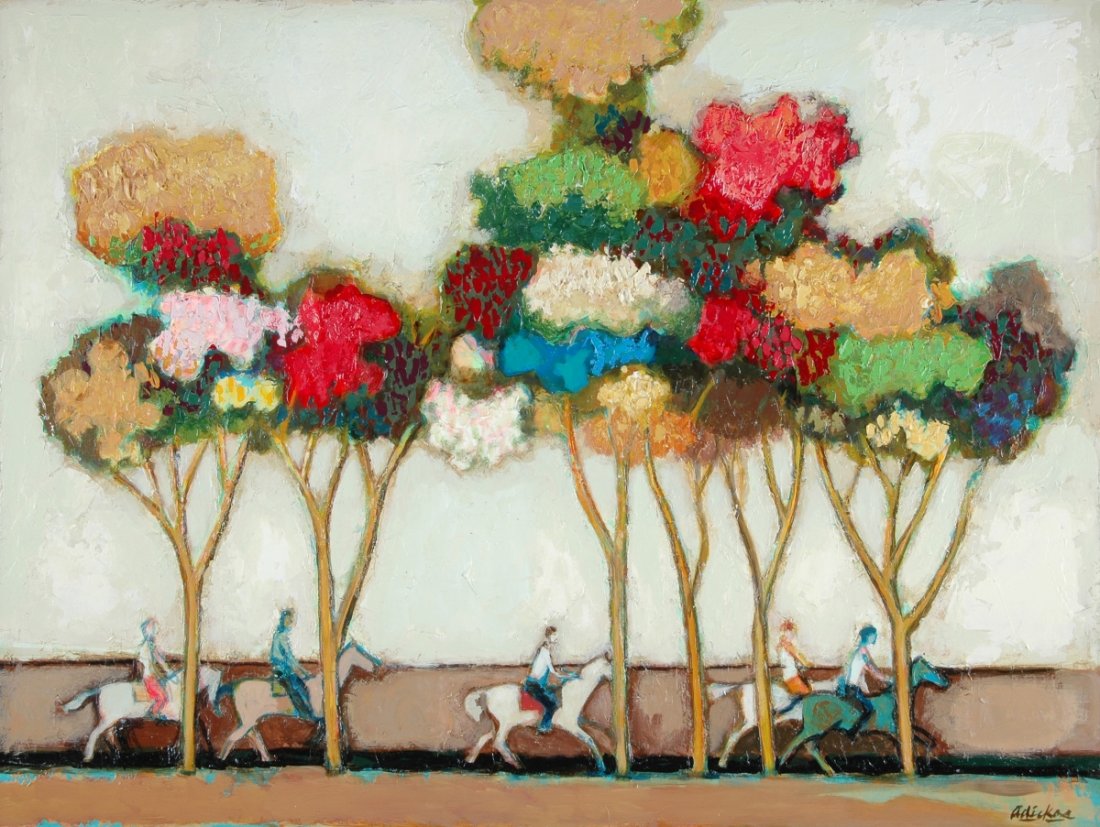 DAVID ADICKES (American b. 1927) A PAINTING, "Five: DAVID ADICKES (American b. 1927) A PAINTING, "Five Riders," acrylic on board, signed L/R. 30" x 40" Framed.