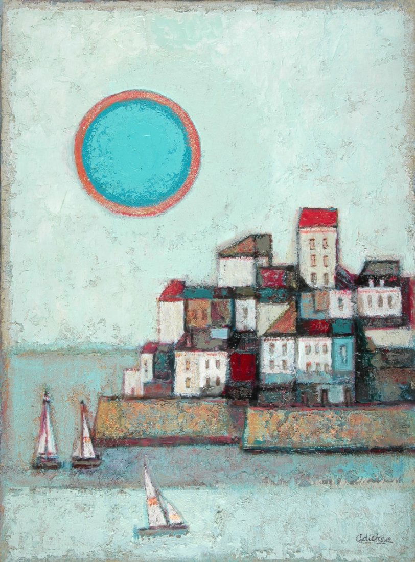 DAVID ADICKES (American b. 1927) A PAINTING, "Antibes: DAVID ADICKES (American b. 1927) A PAINTING, "Antibes Post, Blue Moon," acrylic on canvas, signed L/R. 30" x 40" Framed.