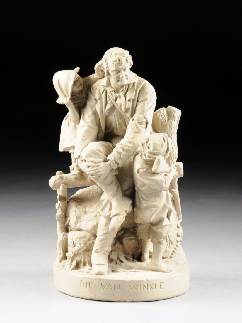 after JOHN ROGERS (American 19th Century), A PAINTED: after JOHN ROGERS (American 19th Century), A PAINTED PLASTER FIGURAL GROUP, "RIP VAN WINKLE AT HOME," impressed "JOHN ROGERS NEW YORK," and "PATENTED MARCH 14, 1871,". Height: 18 3/8" Width: 10" Depth