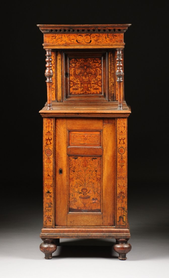 A CONTINENTAL VARIOUS FRUITWOOD INLAID INTARSIA WALNUT