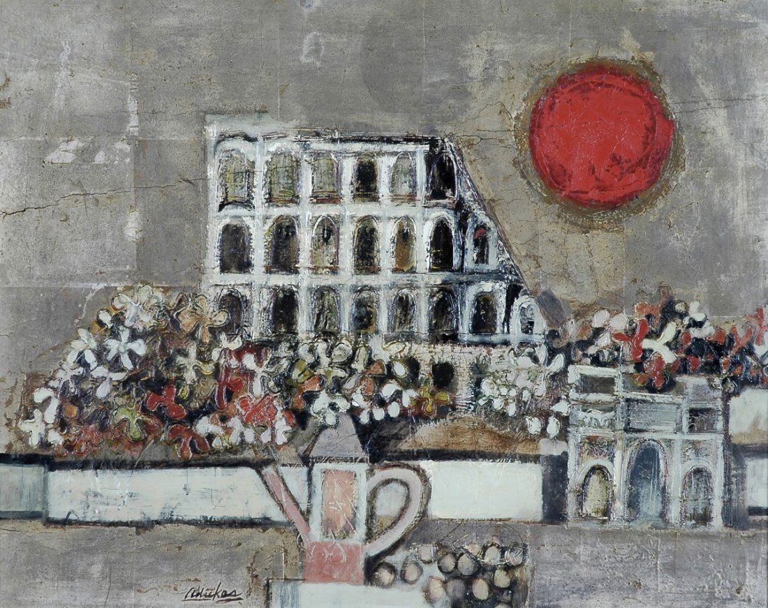 DAVID ADICKES (American b. 1927) A PAINTING, "View: DAVID ADICKES (American b. 1927) A PAINTING, "View From the CafŽ," signed L/L. 16" x 20" Framed. Provenance: James Bute Gallery, Houston, Texas, under the direction of Ben DuBose.