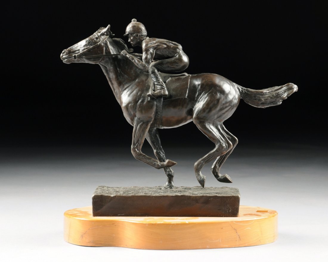 DR. SHERMAN T. COLEMAN (American/Texas 20th Century) A: DR. SHERMAN T. COLEMAN (American/Texas 20th Century) A BRONZE SCULPTURE, "Winner," rich brown patina, signed in the bronze, numbered 10/40 and dated 1974. On custom carved wood plinth. Height: 13 3/8"