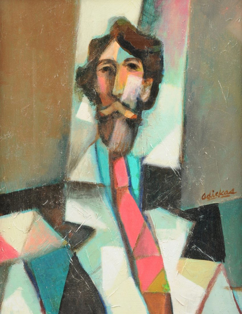 DAVID ADICKES (American b. 1927) A PAINTING, "Cubist: DAVID ADICKES (American b. 1927) A PAINTING, "Cubist Poet with Pink Tie," oil on canvas, signed M/R. 20" x 16". Framed.